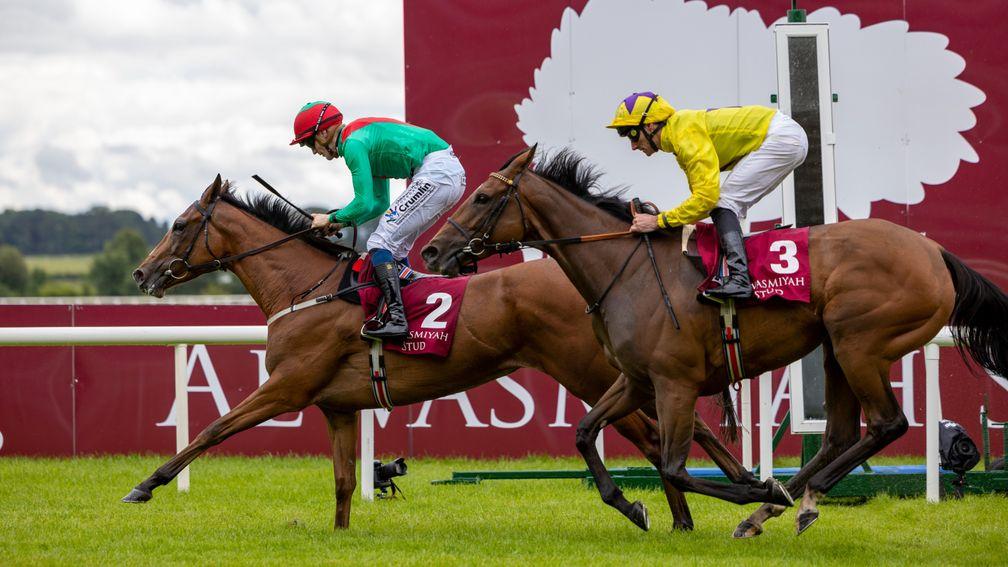 La Petite Coco (left) beats My Astra in the Pretty Polly Stakes at the Curragh