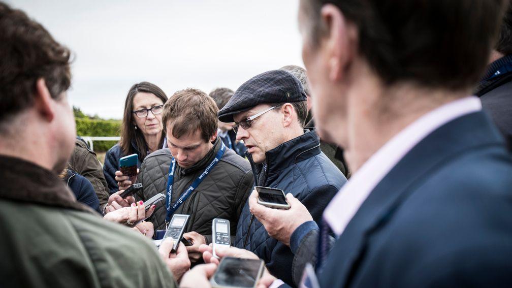 Aidan O'Brien takes questions from the press at Ballydoyle