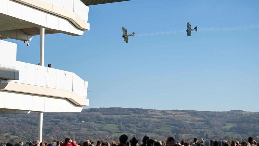 An aerial combat display takes place at Prestbury Park