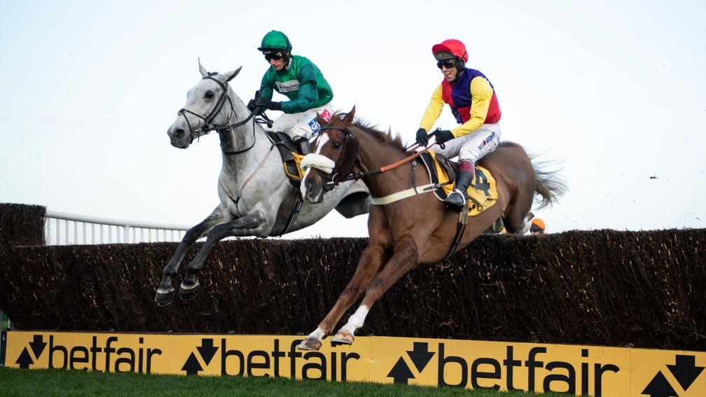 Bristol De Mai (left) jumps the first fence in last month's Betfair Chase with Native River. The two are set to clash again on Boxing Day