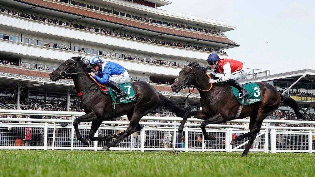Mohaather (left) wins the Greenham Stakes at Newbury under Jim Crowley