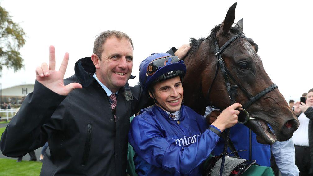 Appleby celebrates Pinatubo's Curragh victory with a jubilant William Buick, now back in business after a head injury