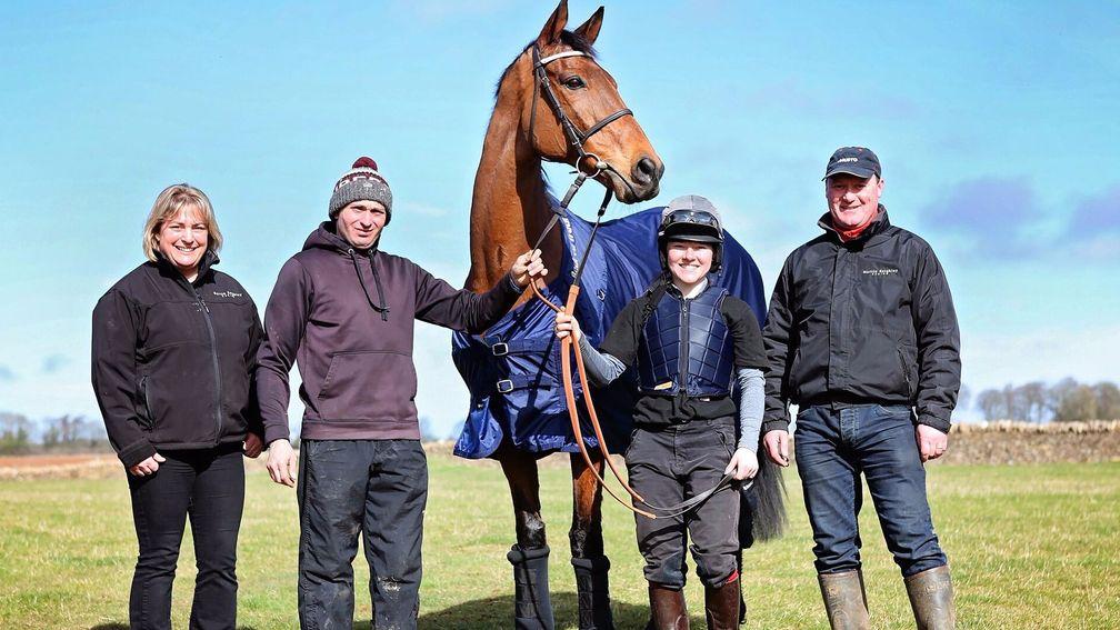 Hugely popular cross-country veteran Any Currency poses with connections including Martin Keighley (right)
