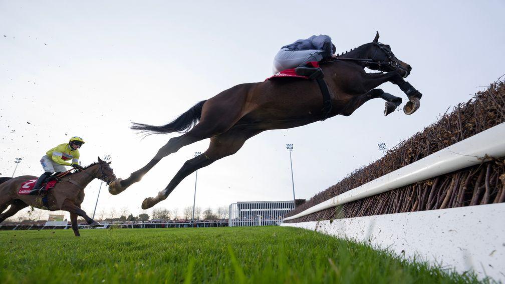 Il Est Francais (James Reveley) puts in a spectacular jump during the Kauto Star Novices Chase