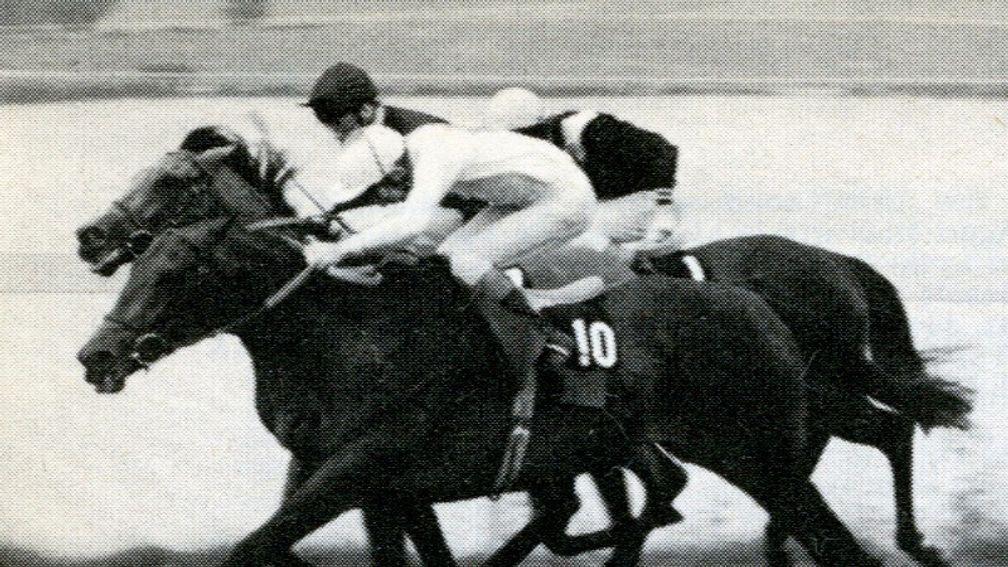 To-Agori-Mou (near) and Kings Lake (middle) duel for the lead in the 1981 Sussex Stakes