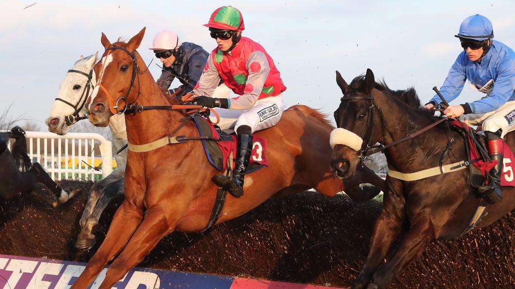 Captain Redbeard (red), ridden by Sam Coltherd, wins at Haydock Park in February