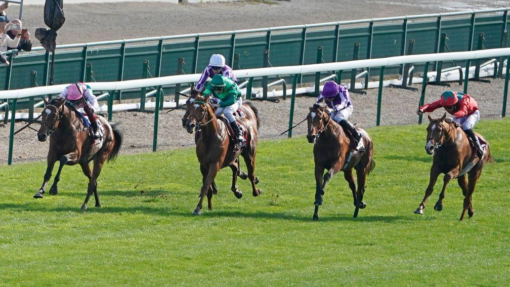 Burst bubble: Waldgeist (red, right) comes to collar Enable (left) in last year's Arc to ruin the mare's treble attempt