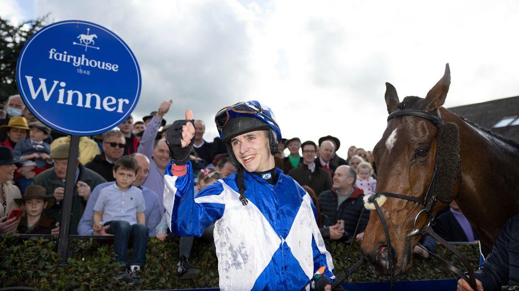 Jockey Paddy O'Hanlon celebrates his Fairyhouse success