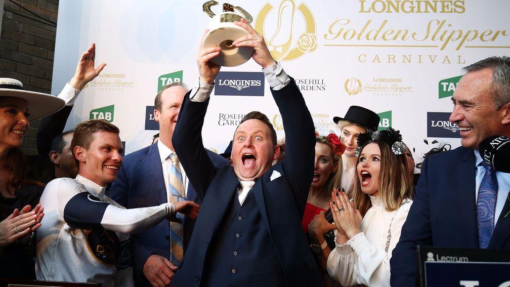 Hitting the jackpot: connections of cheaply bought filly She Will Reign, a leading fancy for the Everest, celebrate after winning the Golden Slipper