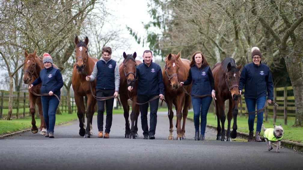 Leona Harmon with Beef Or Salmon, Patrick Diamond with Kicking King,  PJ Dreeling with Hardy Eustace, Sinead Hyland with Rite Of Passage and Fiona Doggett with Hurricane Fly, along with Teddy the dog, at the Irish National Stud