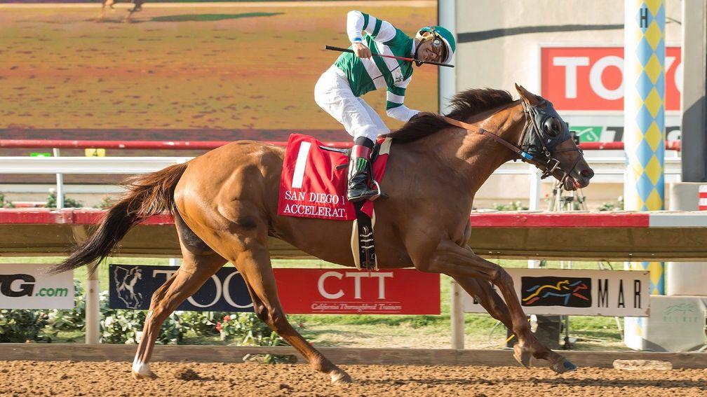 Shock result: Accelerate and Victor Espinoza hit the wire in the San Diego Handicap at Del Mar, where they were more than 15 lengths ahead of Arrogate