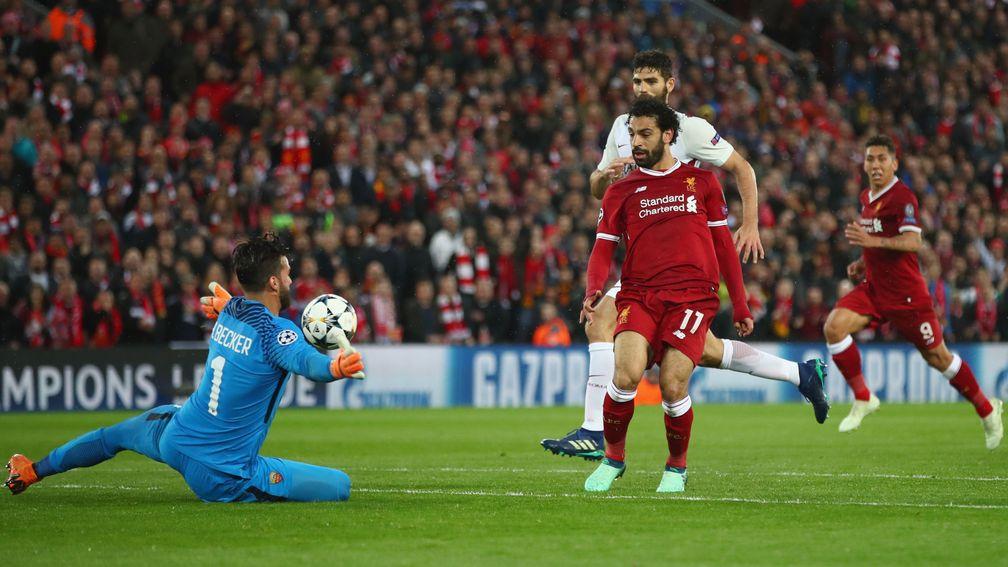 Mohamed Salah scores Liverpool's second goal against Roma