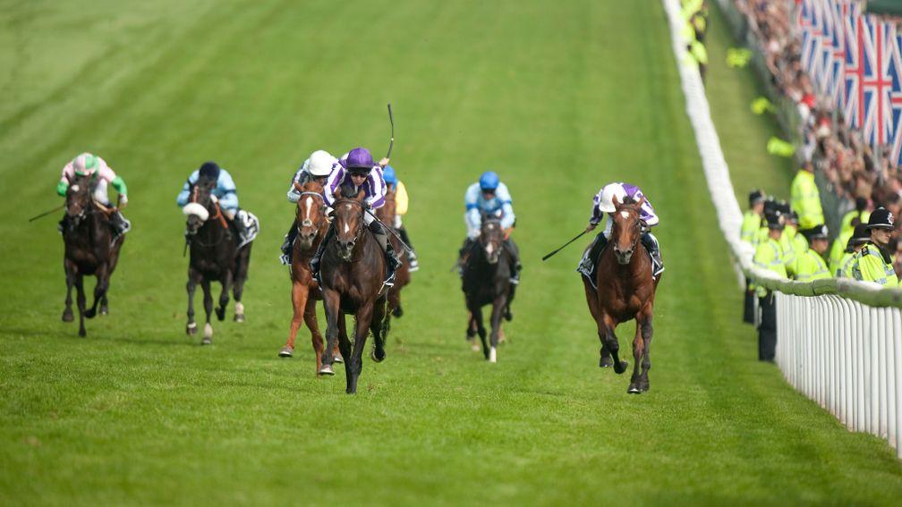 Camelot (purple cap) storms to a five-length success in the 2012 Derby