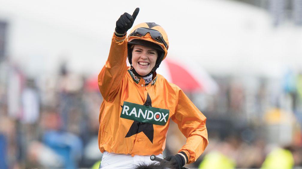 Lizzie Kelly celebrates her victory on Tea For Two over Cue Card in the Grade 1 Betway Bowl at Aintree in 2017