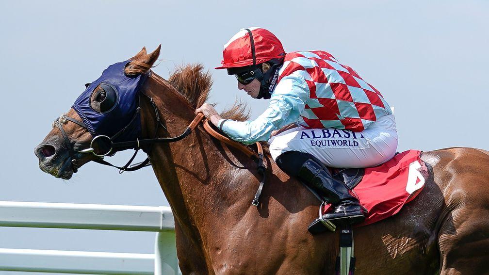 ESHER, ENGLAND - JULY 02: Ryan Moore riding Red Verdon win The Coral Marathon at Sandown Racecourse on July 02, 2021 in Esher, England. Due to the Coronavirus pandemic, only owners along with a limited number of the paying public will be allowed to attend
