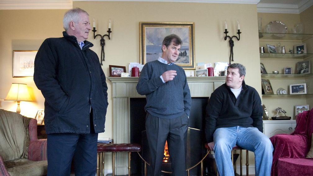 Howardstown House,Bruree,Co Limerick,Ireland 3.3.10 Pic:Edward WhitakerJ.P McManus sits by the fireplace at Enda Bolger's home with Ireland's European Commissioner Charlie McCreevy and J.P.'s son-in-law Cian Foley