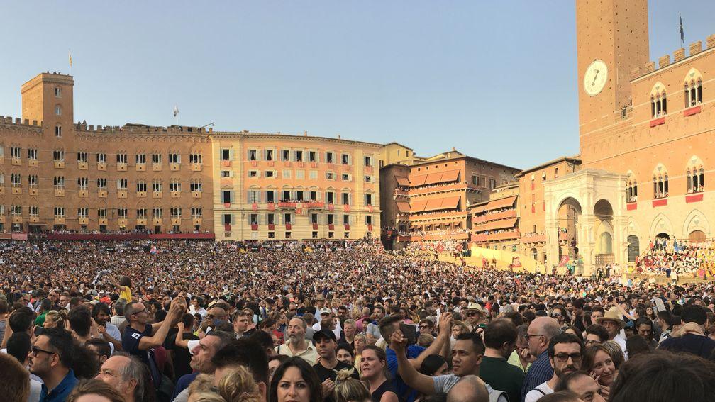 Crowds gather in the Piazza del Campo for the Palio di Siena