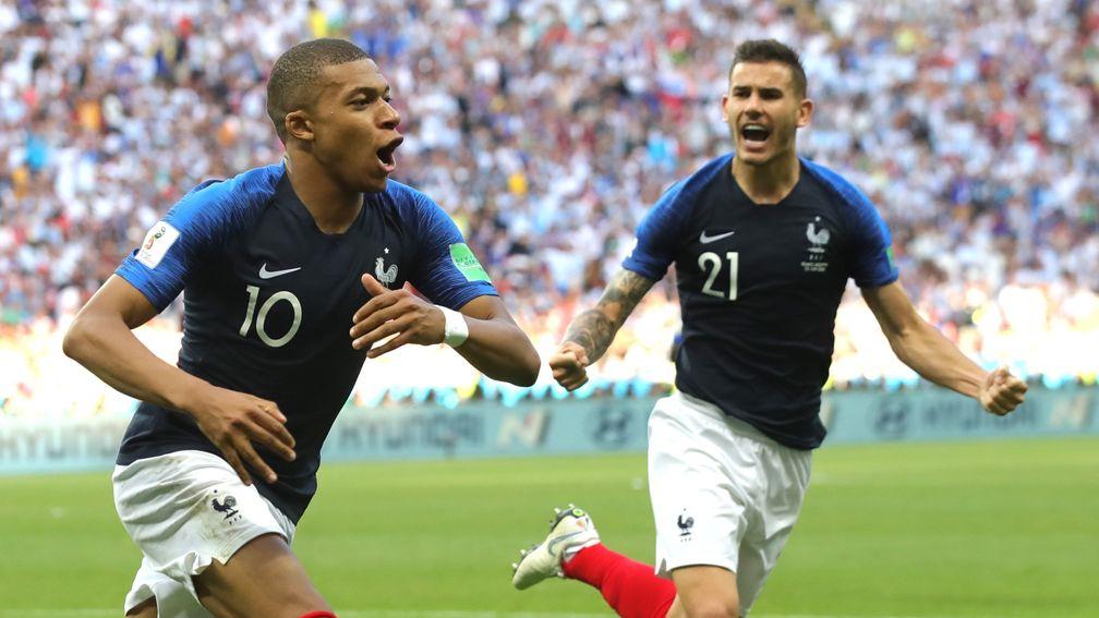 France's Kylian Mbappe celebrates a goal against Argentina