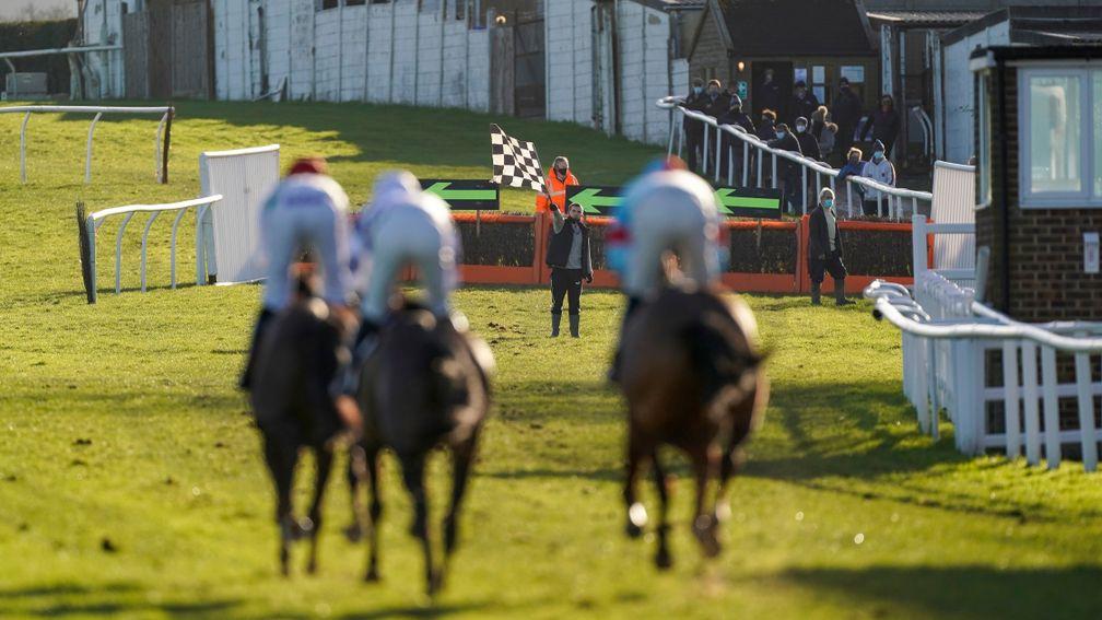 PLUMPTON, ENGLAND - JANUARY 25: A general view as hurdles are bypassed during The tote.co.uk Novices' Hurdle at Plumpton Racecourse on January 25, 2021 in Plumpton, England. Due to the Coronavirus pandemic, owners along with the paying public will not be