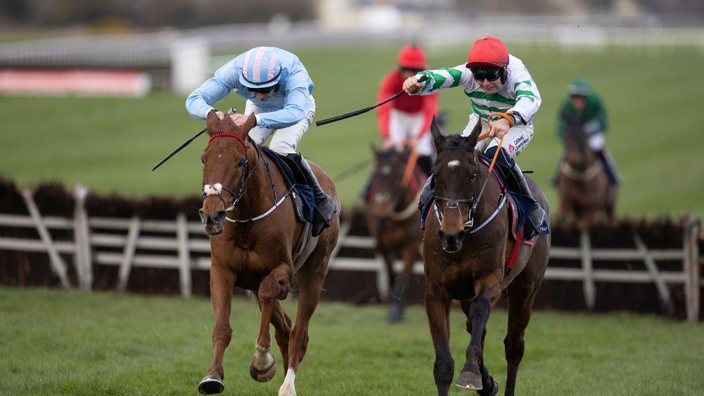 Corbetts Cross (left) edges out Found A Fifty in the Johnstown Novice Hurdle at Naas