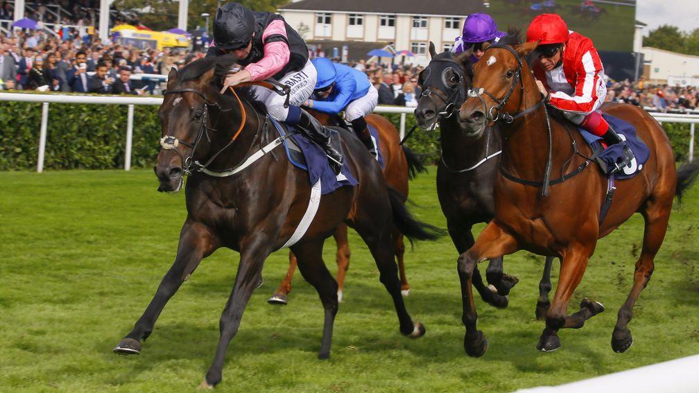 Aclaim (pink sleeves) asserts his lead in the Park Stakes at Doncaster in September