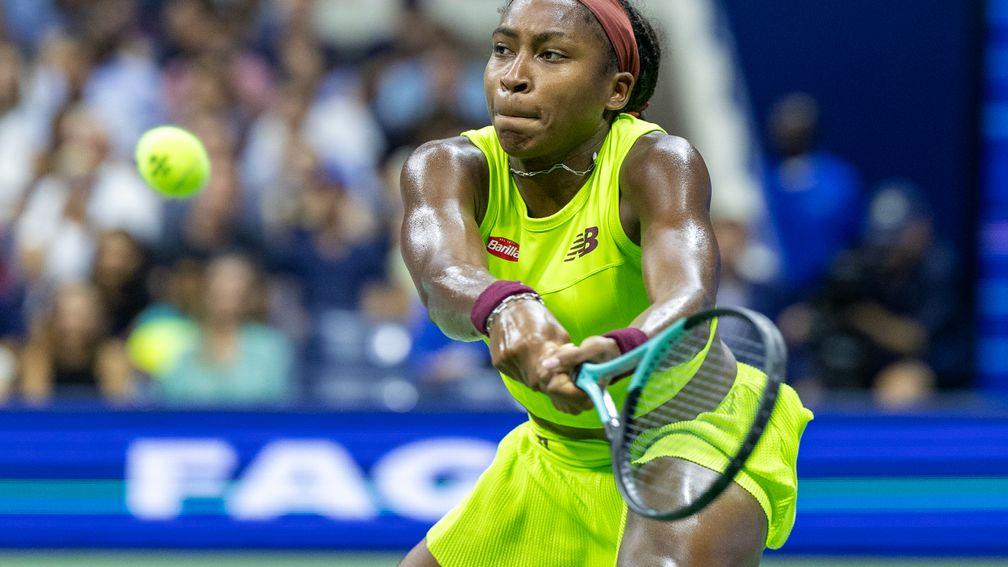 Coco Gauff looks focused on the way to her straight-sets victory over Karolina Muchova in their New York City semi-final