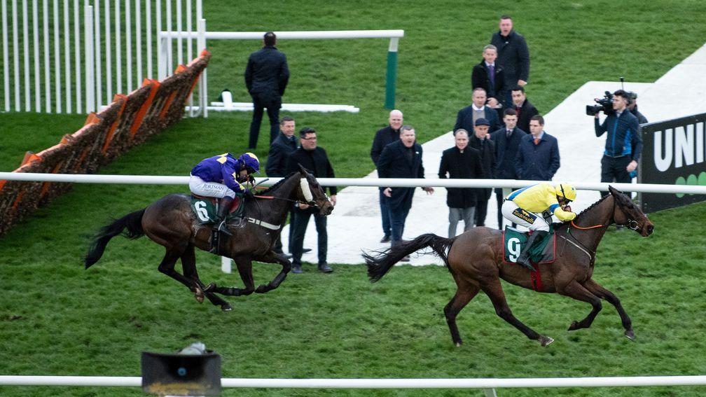 Lord Du Mesnil and Sam Waley-Cohen give chase to Ravenshill and Jamie Codd in the 2020 National Hunt Chase at Cheltenham