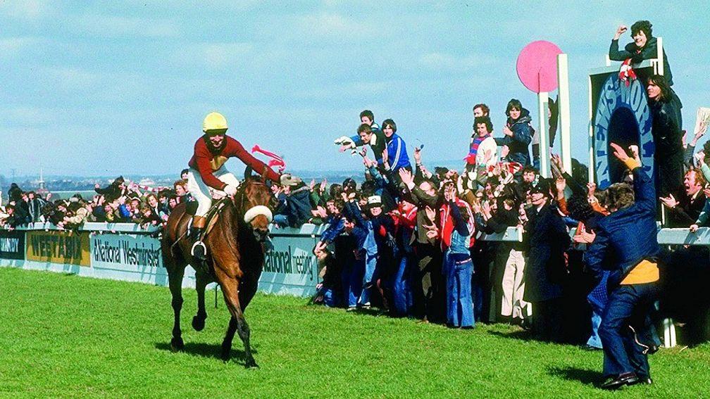 Red Rum and Tommy Stack cross the line to land the 1977 Grand National
