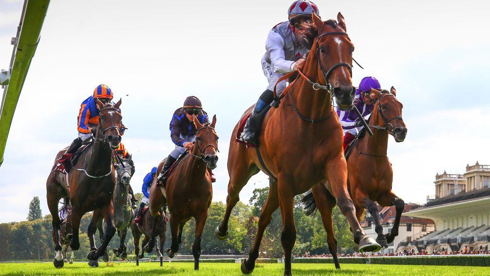 Snowfall (far right) suffered her first defeat of the season at Longchamp on Sunday