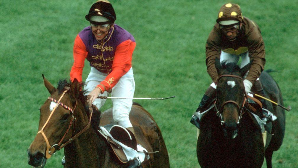 Willie Carson (left): won the 1977 Oaks with the Queen's Dunfermline, pictured after the line with his whip in the backhand position