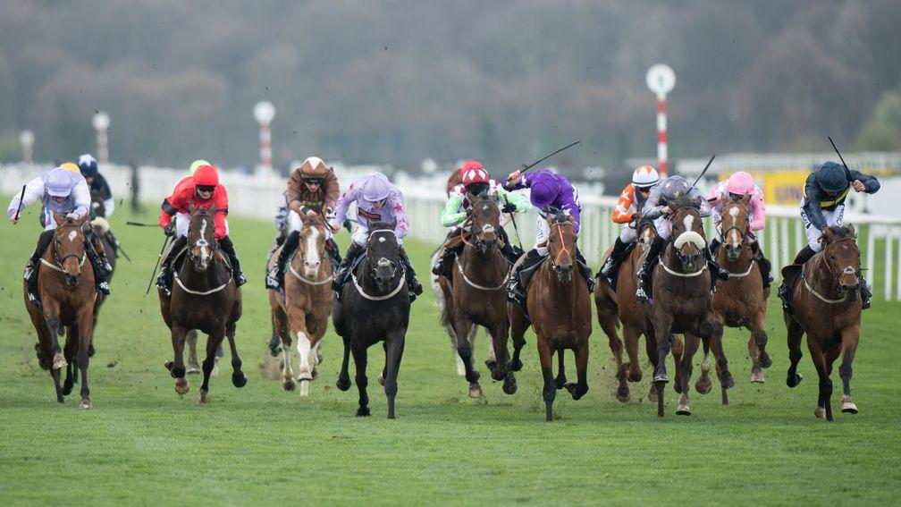 Ryan Moore on Oh This Is Us (purple) comes up second best behind Bravery (Daniel Tudhope, right) in the Betway Lincoln