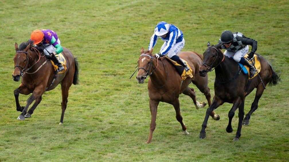 Lady Bowthorpe (left) wins the Group 2 Dahlia Stakes at Newmarket from Queen Power and Lavender's Blue (right)