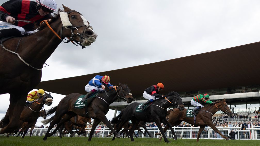 Lattam (far side) runs down his rivals in the shadows of the post in the Irish Lincoln