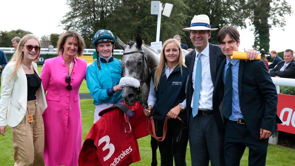 Jeffrey Hobby (second right) and wife Phoebe (second left) with Maid Up in the Goodwood winner's enclosure after the Group 3 March Stakes