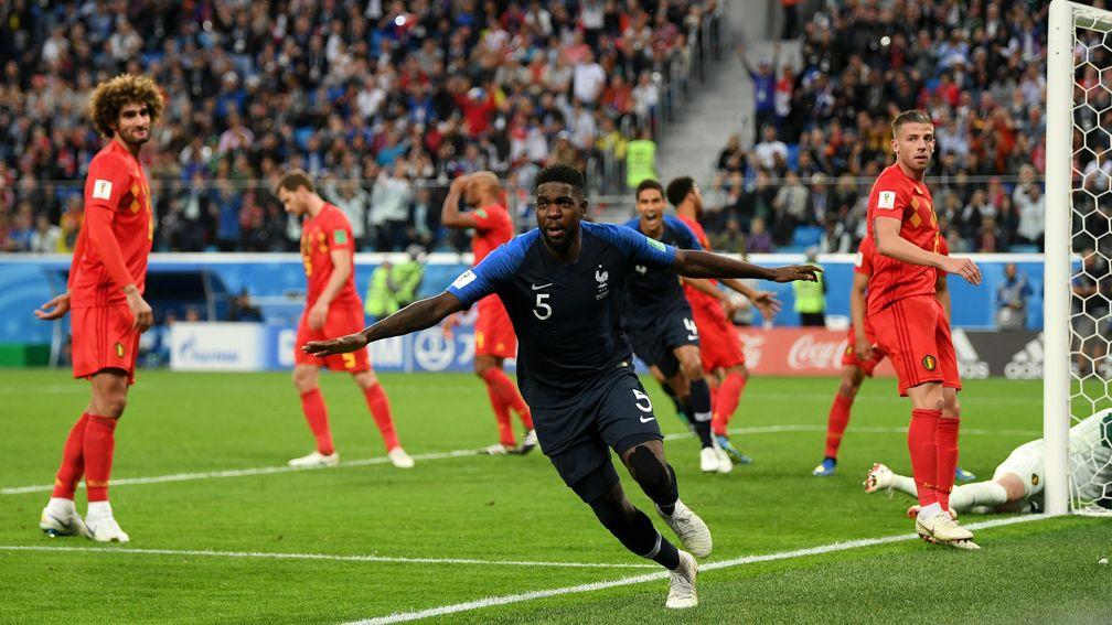 Samuel Umtiti celebrates after scoring the winner for France against Belgium