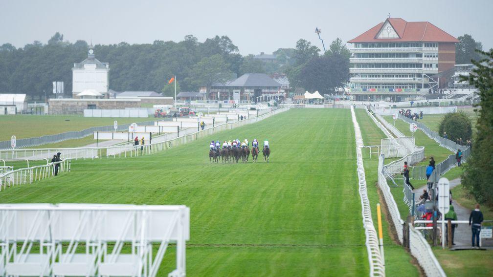 The runners in the Sky Bet Nursery over 6f race towards the empty stands on a dull afternoon on the KnavesmireYork  19.8.20 Pic: Edward Whitaker/Racing Post