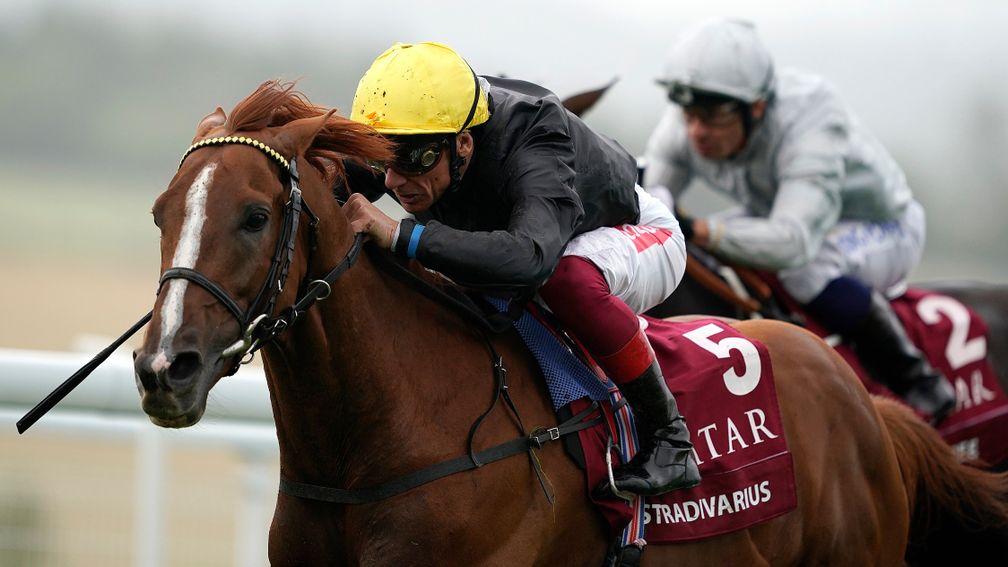 CHICHESTER, ENGLAND - JULY 30: Frankie Dettori riding Stradivarius win The Qatar Goodwood Cup Stakes at Goodwood Racecourse on July 30, 2019 in Chichester, England. (Photo by Alan Crowhurst/Getty Images)
