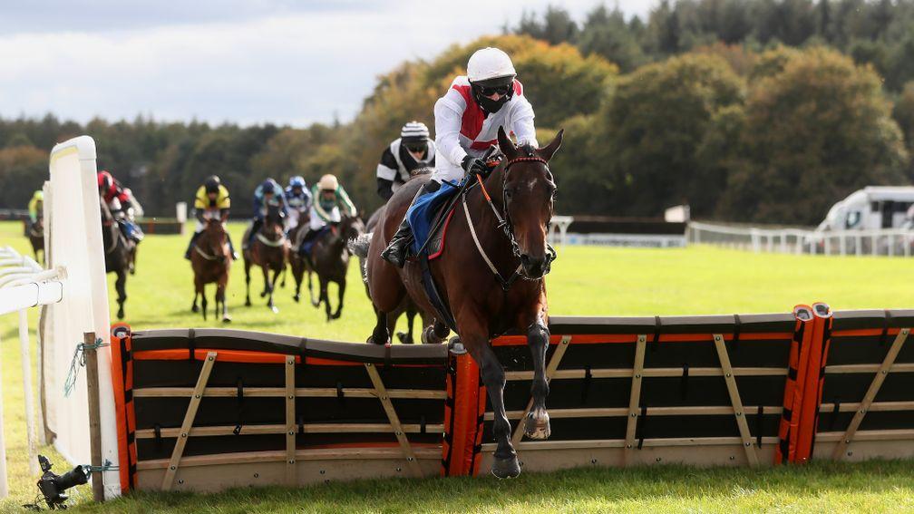 EXETER, ENGLAND - OCTOBER 08: Breffniboy and jockey Mitchell Bastyan jump the last fence on the way to winning the Timeform Premium Ratings Available At racingtv.com Handicap Hurdle at Exeter Racecourse on October 8, 2020 in Exeter, England. (Photo by Dav
