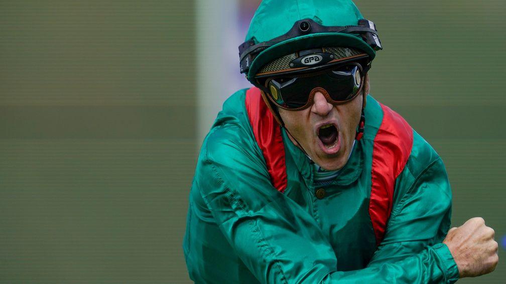 ESHER, ENGLAND - JULY 02: Christophe Soumillon celebrates after riding Vadeni to win The Coral-Eclipse at Sandown Park on July 02, 2022 in Esher, England. (Photo by Alan Crowhurst/Getty Images)