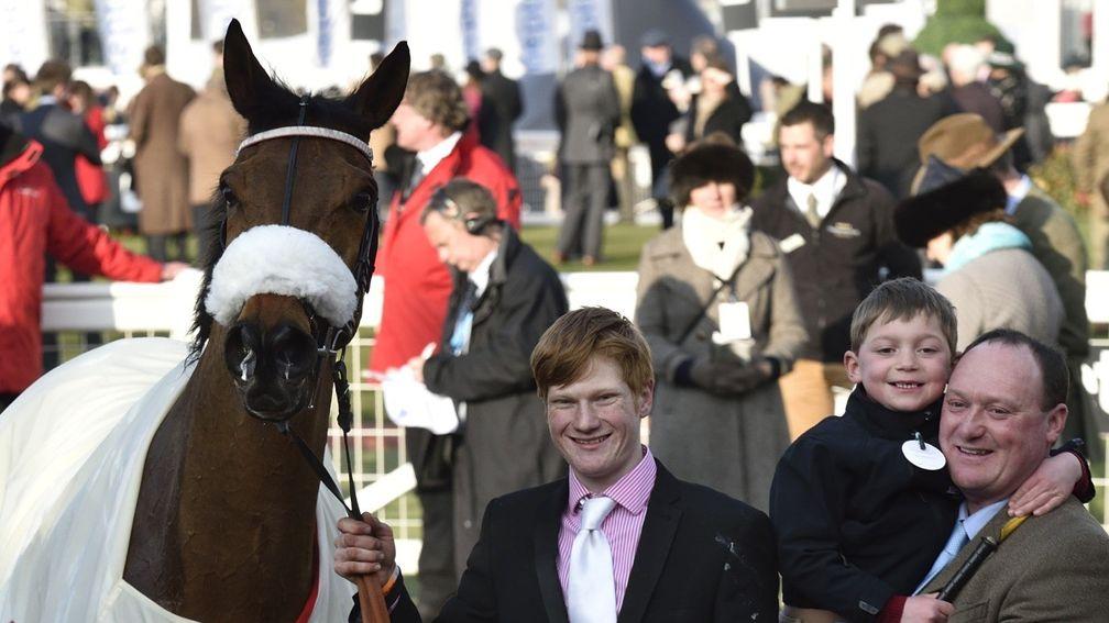 Harley Cornock (centre) with Any Currency and trainer Martin Keighley