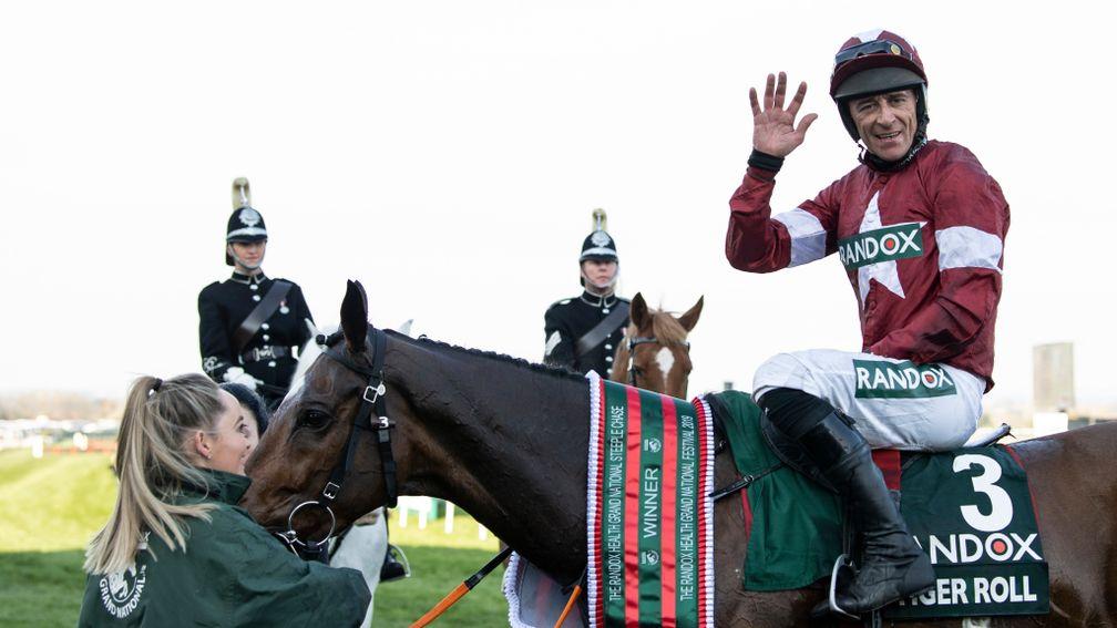 Davy Russell celebrates Tiger Roll's victory in the Grand National
