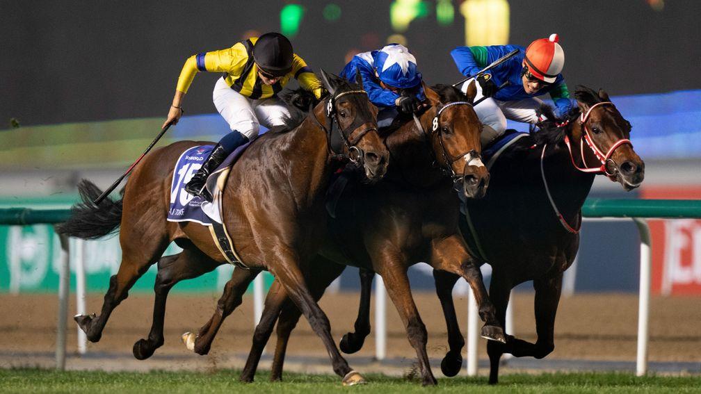 Panthalassa (right) and Lord North (centre) dead-heat in the Dubai Turf