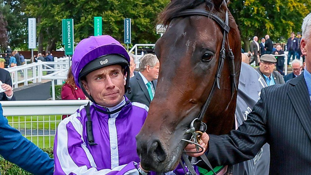 Blackbeard and Ryan Moore in the winner's enclosure: the colt tested his jockey's skills again, but was electric in the race to give Moore a first win in the Middle Park