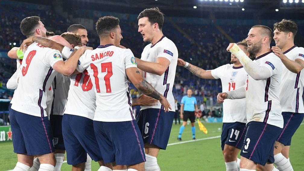 England celebrate their third goal against Ukraine on Saturday
