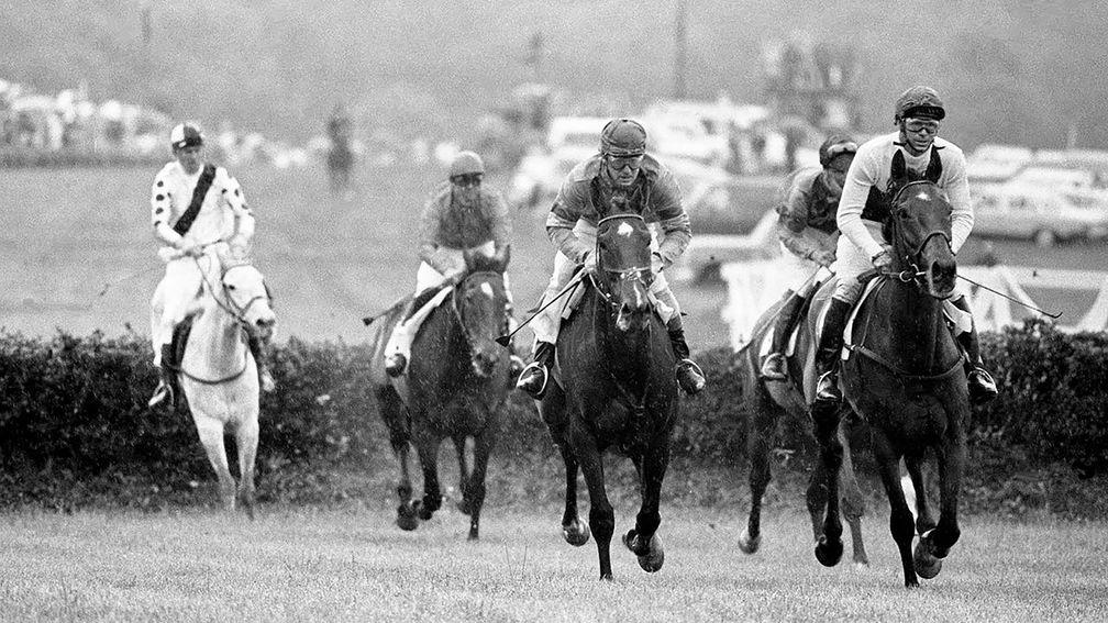 Strawbridge, right, en route to winning the 1978 Iroquois Steeplechase aboard his New Zealand-bred gelding Owhata Chief