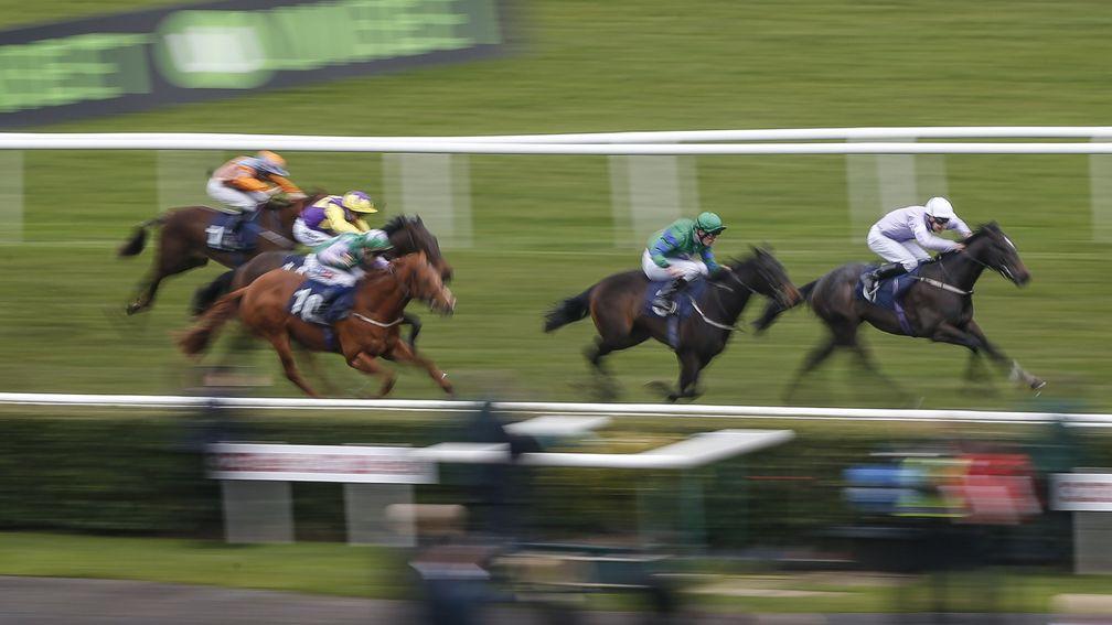 DONCASTER, ENGLAND - MARCH 24: Charles Bishop riding Izzer (R) win The Unibet Brocklesby Conditions Stakes at Doncaster racecourse on March 24, 2018 in Doncaster, England. (Photo by Alan Crowhurst/Getty Images)