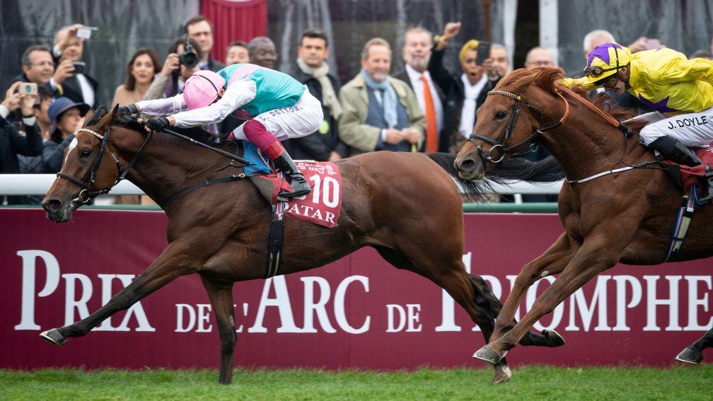 The big scare: a desperate Dettori keeps Enable's head in front of Sea Of Class at the finish of the 2018 Arc
