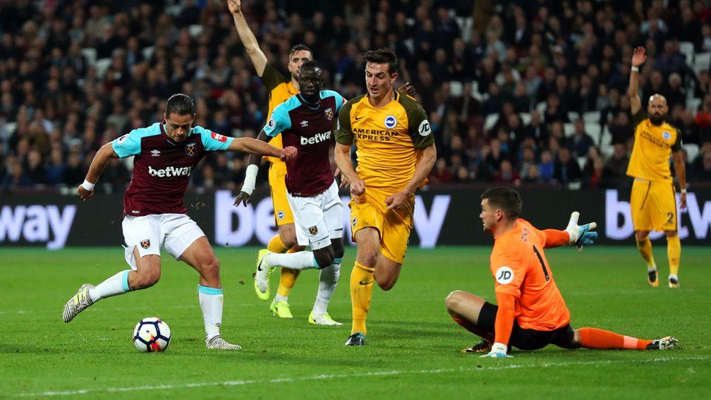 Javier Hernandez of West Ham in action against Brighton
