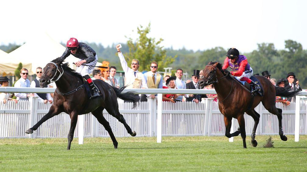 ASCOT, ENGLAND - JUNE 16: Claymore ridden by Adam Kirby beats Reach For The Moon ridden by Frankie Dettori to win The Hampton Court Stakes during day three of Royal Ascot 2022 at Ascot Racecourse on June 16, 2022 in Ascot, England. (Photo by Alex Livesey/