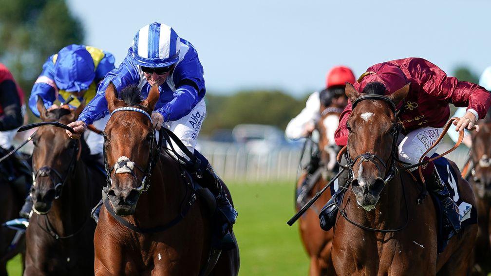 YARMOUTH, ENGLAND - SEPTEMBER 14: Jim Crowley riding Shaara (blue/white) win The EBF Stallions John Musker Fillies' Stakes from Andrea Atzeni and Kind Gesture (maroon) at Yarmouth Racecourse on September 14, 2022 in Yarmouth, England. (Photo by Alan Crowh